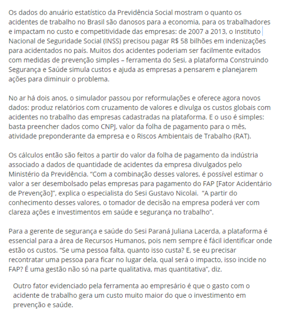 Plataforma do sesi simular custos de acidentes e afastamentos de trabalho